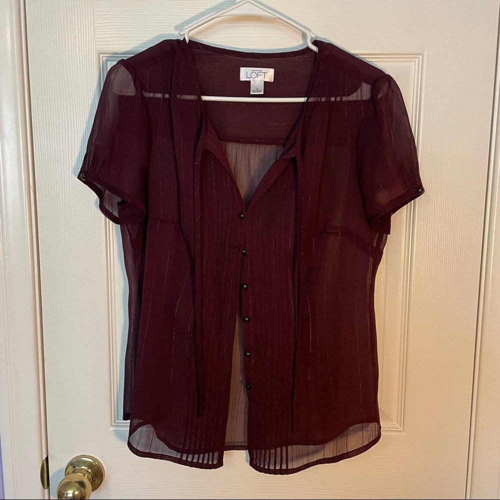 LOFT- Dark purple see-through cardigan-style shirt.